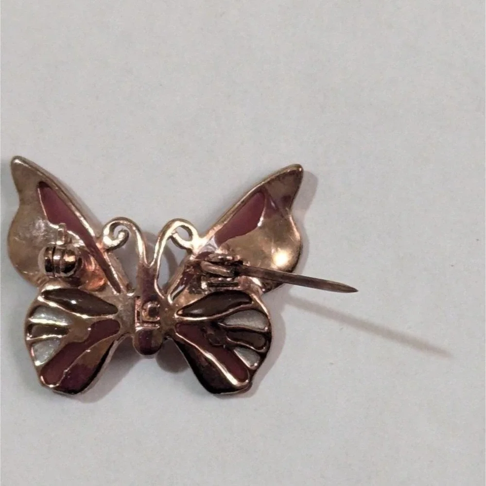 Vintage Enamel Butterfly Brooch With Pink & Clear‎ Rhinestones Estate 1.25